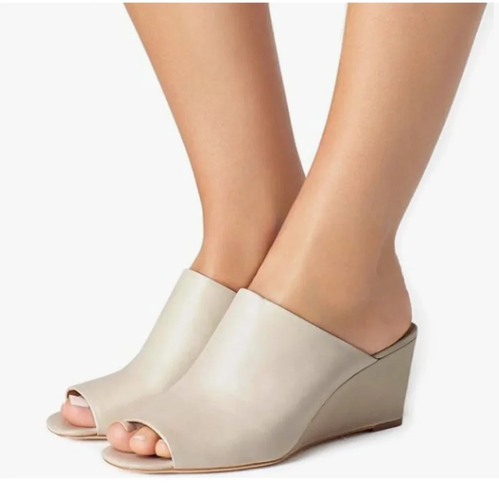 YDN Taupe Peep Toe Slide Mules Wedge Heel Sandals Slip On Shoes